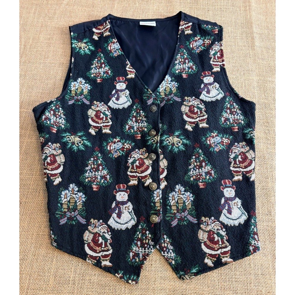 Vintage Bobbie Brooks Christmas Tapestry Vest Santa Snowman Holiday Black Medium